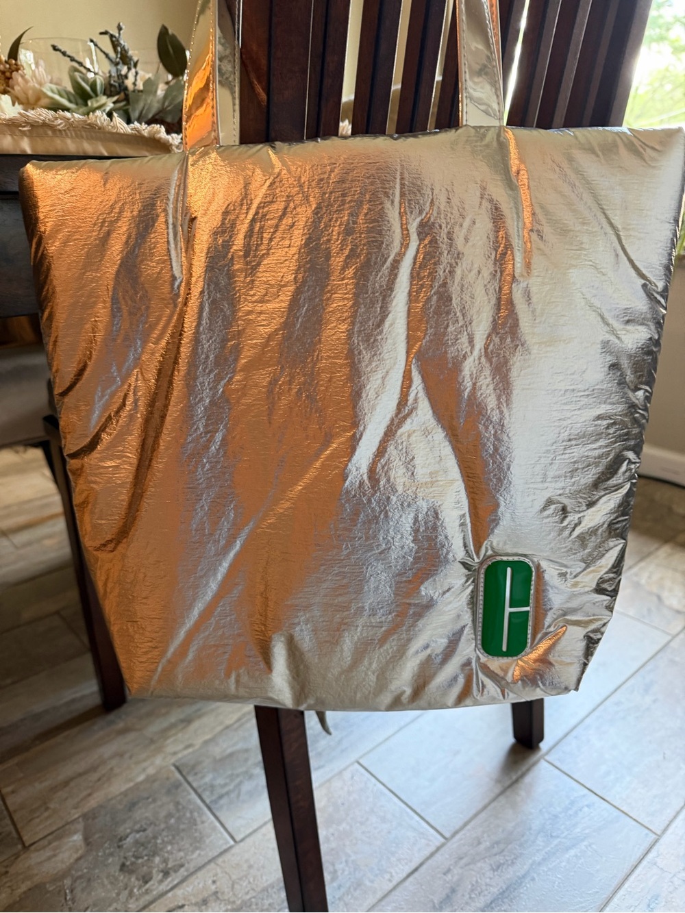 Clinique Metallic Silver Tote with Green Logo Accent